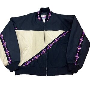 Vtg Walls Mountain USA Western Jacket Large Black‎ Tan Pink Purp Aztec Trim Boho